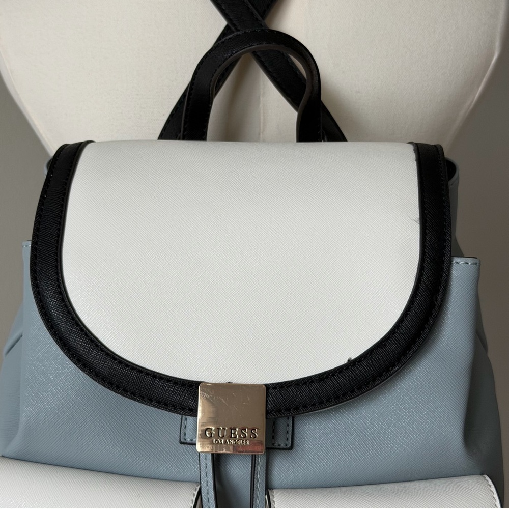 Everyday GUESS Gammill White, Light Blue & Black Dual Buckled Pockets Backpack - Picture 4 of 16